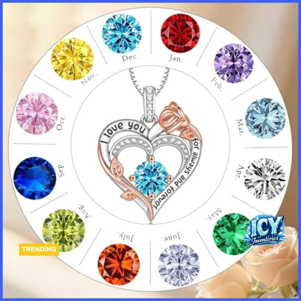 S925 Sterling Silver Rose Heart Birthstone Pendant Necklace for Women